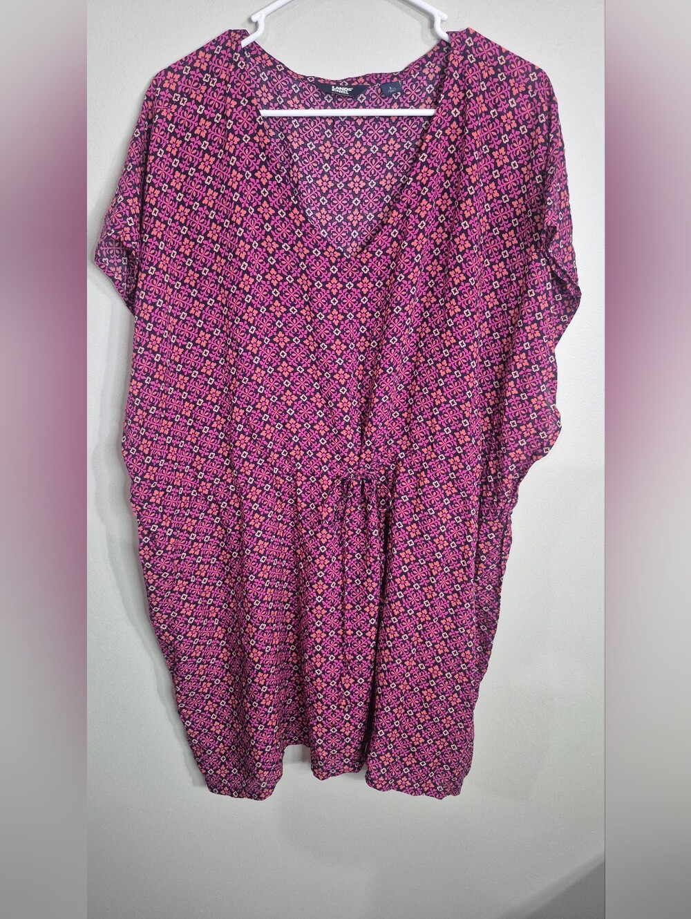 Lands' End Pink Geometric V-Neck Drawstring Tunic/coverup